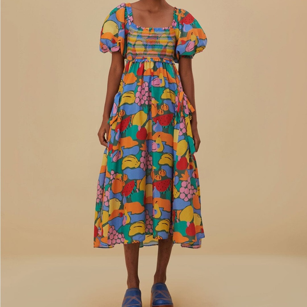 NWT The Multicolor Fruit Landscape Short Sleeve Midi Dress